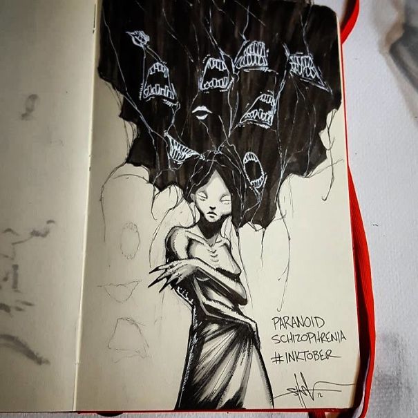 Artist Illustrates Mental Illness And Disorders For Inktober
