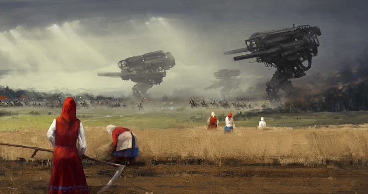 Jakub Rozalski's Concept Art Features Giant Robots in 1920's War Scenes and Rural Landscapes