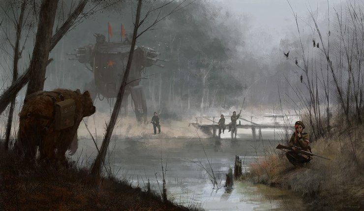 Jakub Rozalski's Concept Art Features Giant Robots in 1920's War Scenes and Rural Landscapes