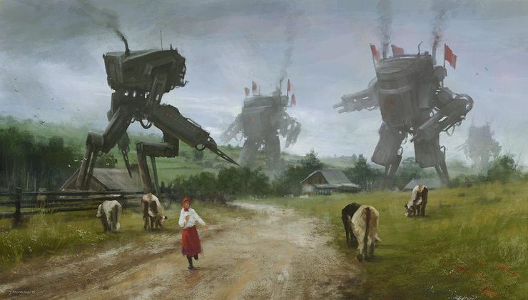 Jakub Rozalski's Concept Art Features Giant Robots in 1920's War Scenes and Rural Landscapes