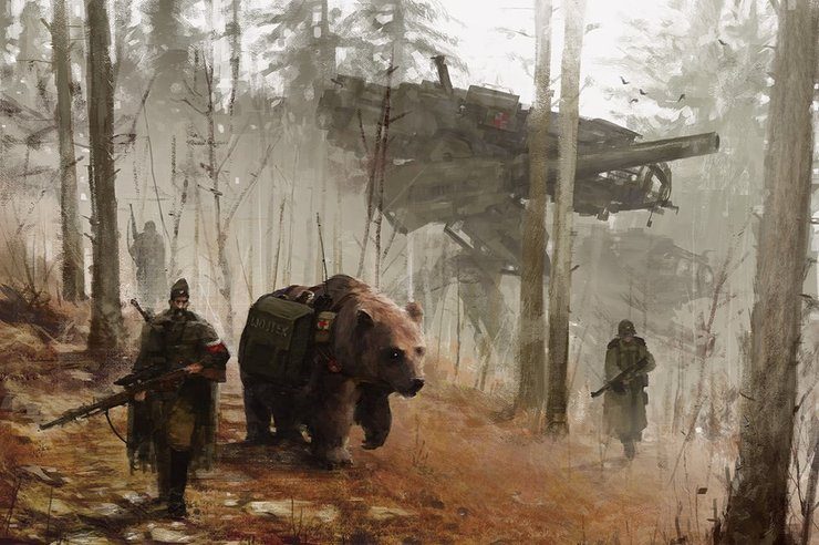 Jakub Rozalski's Concept Art Features Giant Robots in 1920's War Scenes and Rural Landscapes