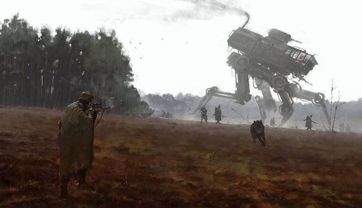 Jakub Rozalski's Concept Art Features Giant Robots in 1920's War Scenes and Rural Landscapes