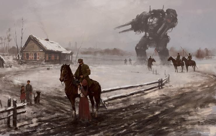 Jakub Rozalski's Concept Art Features Giant Robots in 1920's War Scenes and Rural Landscapes