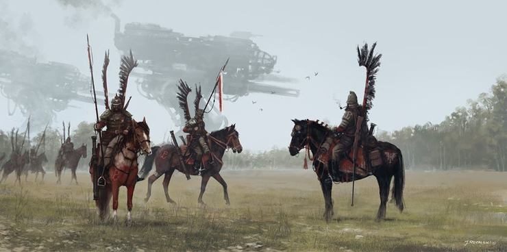 Jakub Rozalski's Concept Art Features Giant Robots in 1920's War Scenes and Rural Landscapes