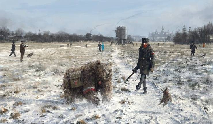 Jakub Rozalski's Concept Art Features Giant Robots in 1920's War Scenes and Rural Landscapes
