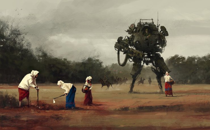 Jakub Rozalski's Concept Art Features Giant Robots in 1920's War Scenes and Rural Landscapes