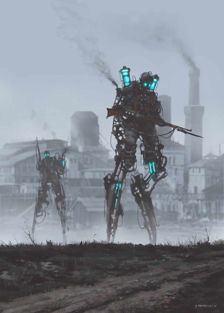 Jakub Rozalski's Concept Art Features Giant Robots in 1920's War Scenes and Rural Landscapes