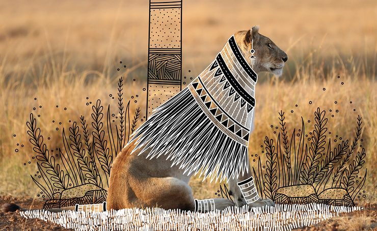 Illustrator doodles tribal costumes over animal photographs